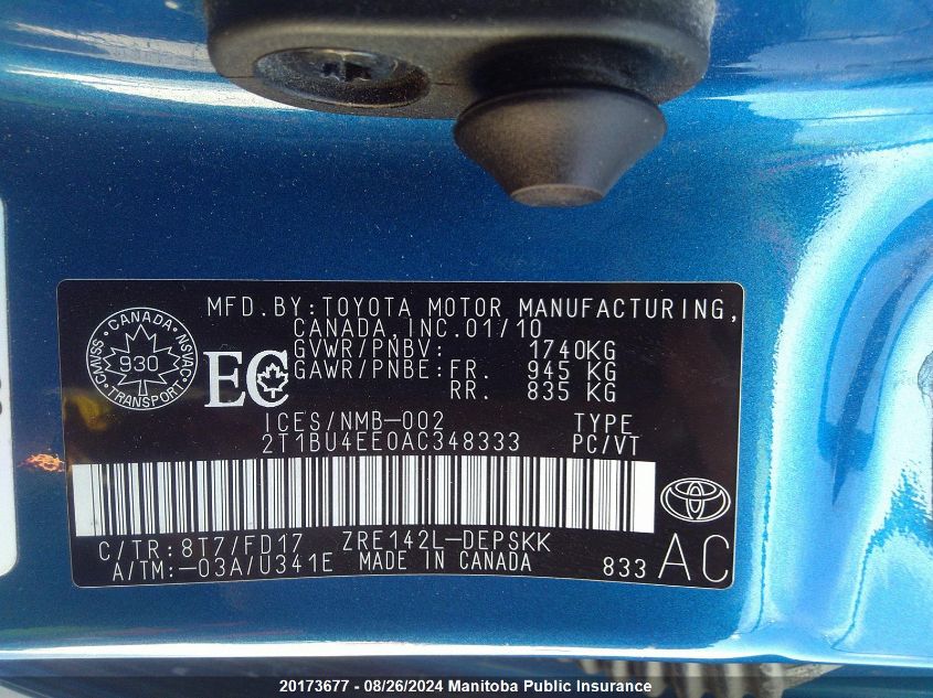 2010 Toyota Corolla S VIN: 2T1BU4EE0AC348333 Lot: 20173677