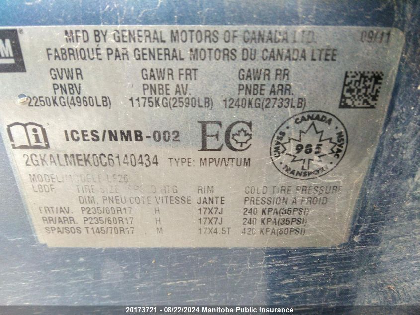 2012 GMC Terrain Sle VIN: 2GKALMEK0C6140434 Lot: 20173721