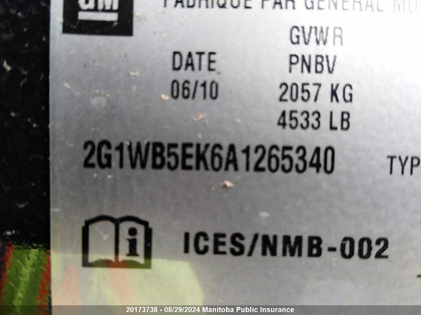 2010 Chevrolet Impala Lt V6 VIN: 2G1WB5EK6A1265340 Lot: 20173738