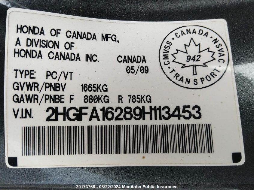 2009 Honda Civic Dx VIN: 2HGFA16289H113453 Lot: 20173766