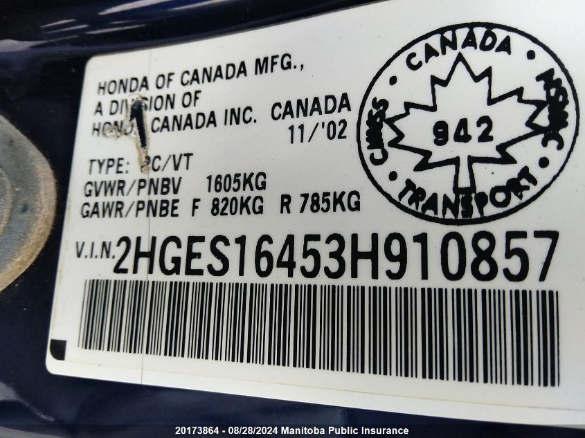 2003 Honda Civic Dx VIN: 2HGES16453H910857 Lot: 20173864