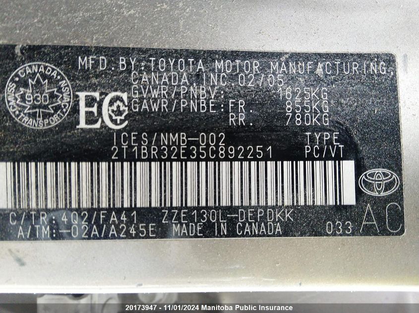 2005 Toyota Corolla VIN: 2T1BR32E35C892251 Lot: 20173947