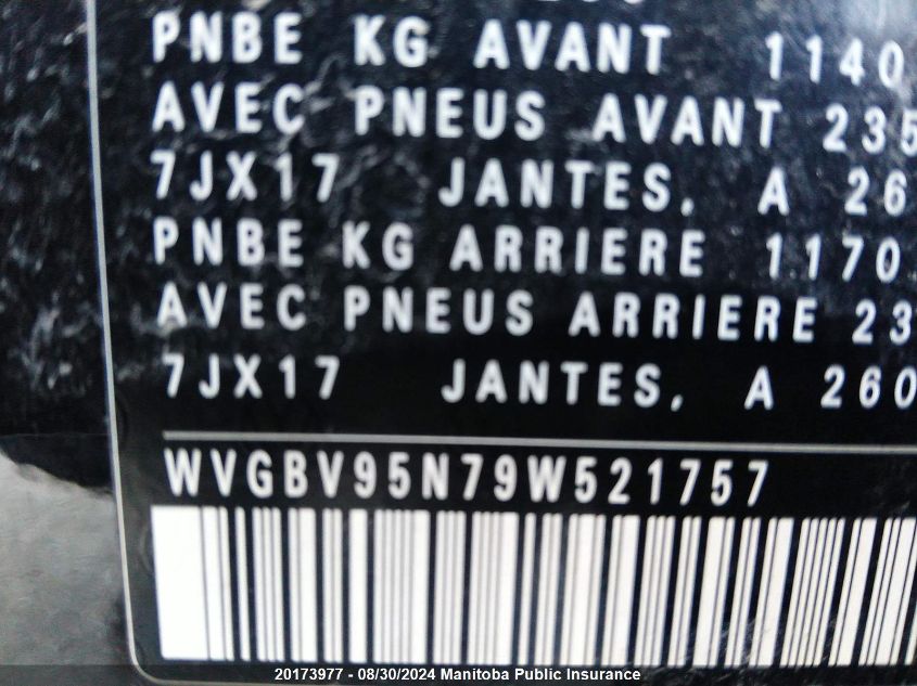 2009 Volkswagen Tiguan 2.0 Tsi VIN: WVGBV95N79W521757 Lot: 20173977