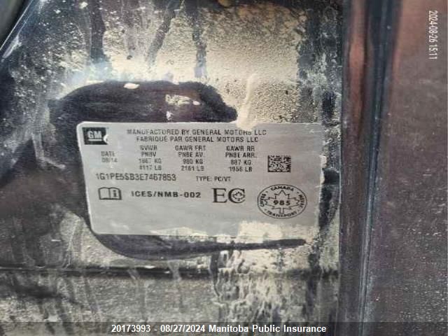 2014 Chevrolet Cruze Lt Turbo VIN: 1G1PE5SB3E7467853 Lot: 20173993