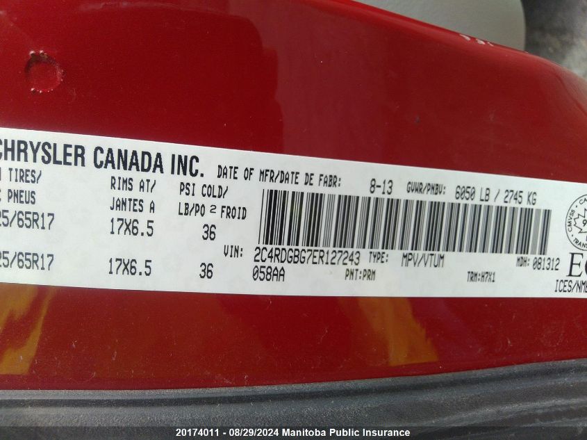 2014 Dodge Grand Caravan Sxt VIN: 2C4RDGBG7ER127243 Lot: 20174011