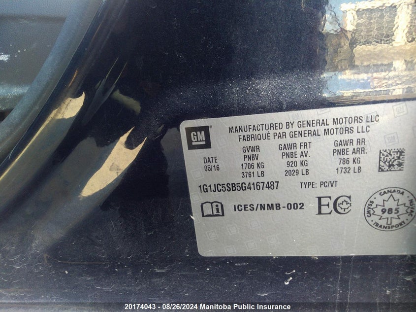 2016 Chevrolet Sonic Lt VIN: 1G1JC5SB5G4167487 Lot: 20174043