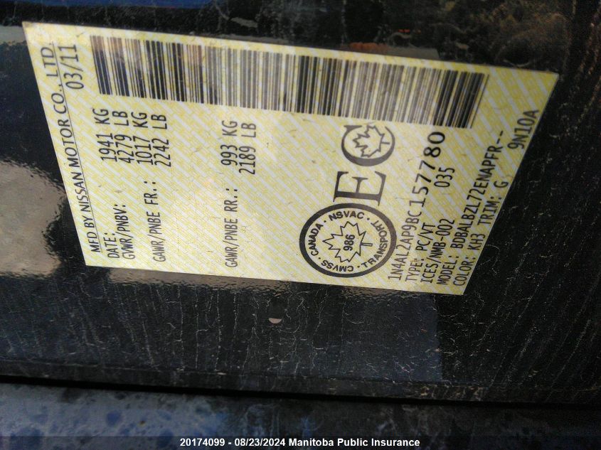 2011 Nissan Altima 2.5 Sl VIN: 1N4AL2AP9BC157780 Lot: 20174099