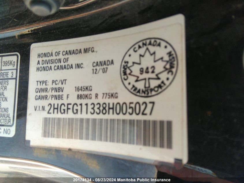 2008 Honda Civic Dx-G VIN: 2HGFG11338H005027 Lot: 20174134