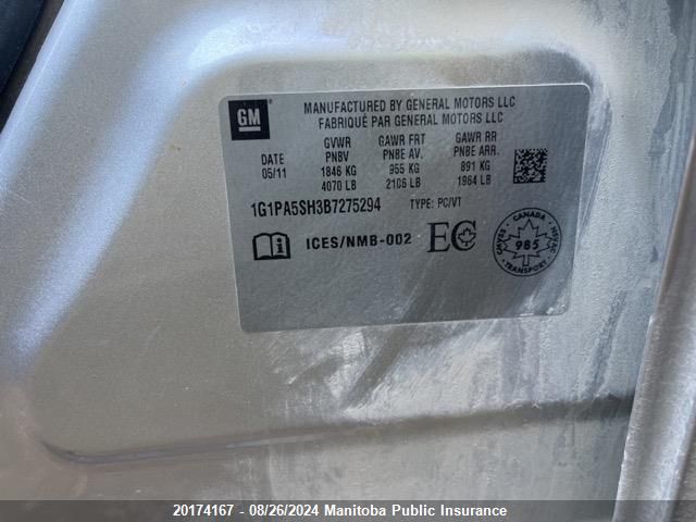 2011 Chevrolet Cruze Ls VIN: 1G1PA5SH3B7275294 Lot: 20174167