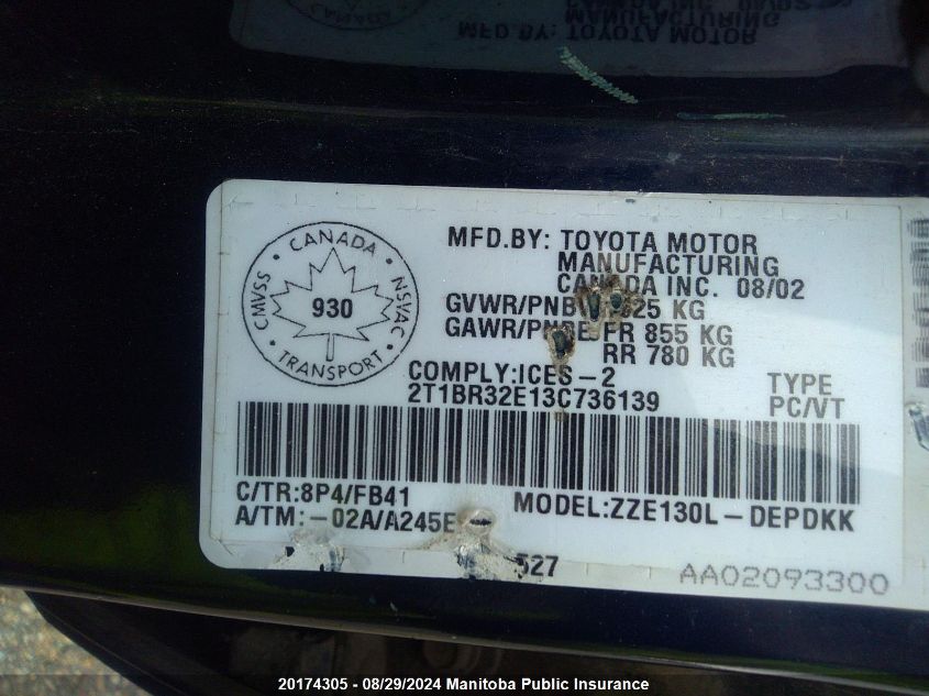 2003 Toyota Corolla Ce VIN: 2T1BR32E13C736139 Lot: 20174305