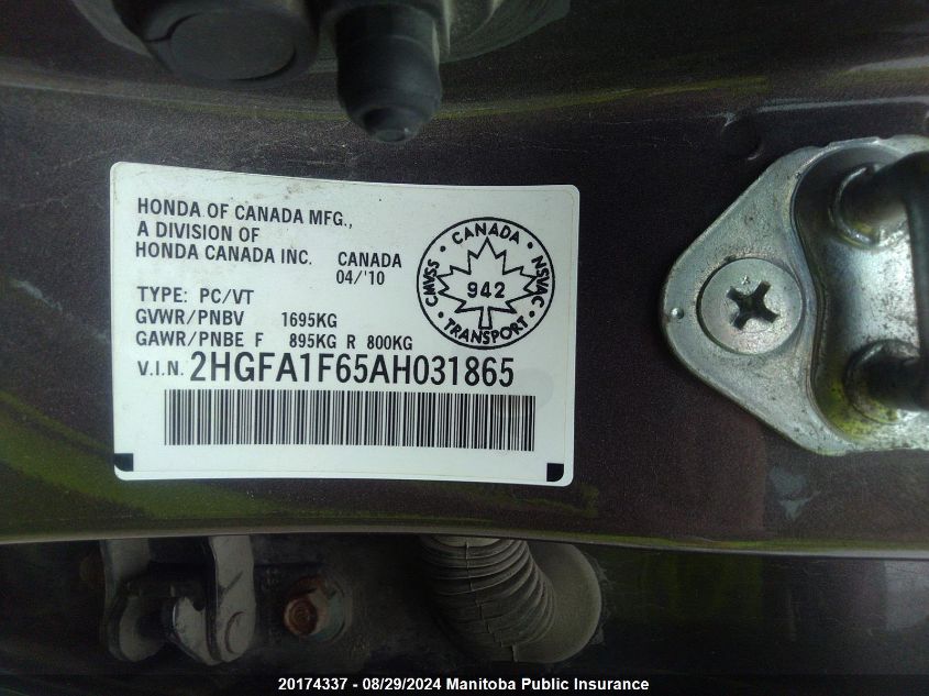 2010 Honda Civic Sport VIN: 2HGFA1F65AH031865 Lot: 20174337