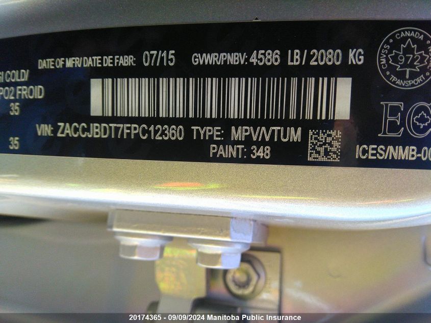 2015 Jeep Renegade Limited VIN: ZACCJBDT7FPC12360 Lot: 20174365