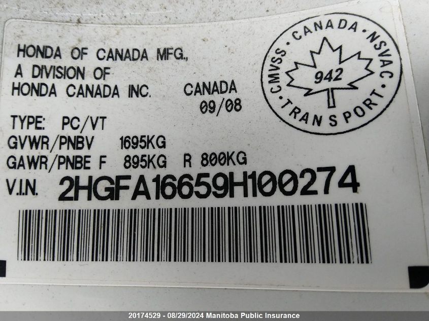 2009 Honda Civic Sport VIN: 2HGFA16659H100274 Lot: 20174529