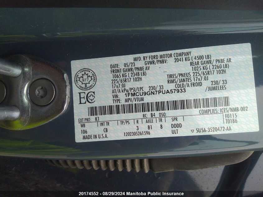 2023 Ford Escape Active VIN: 1FMCU9GN7PUA57933 Lot: 20174552