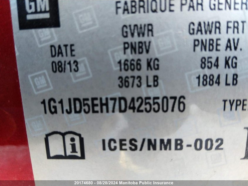 2013 Chevrolet Sonic Lt VIN: 1G1JD5EH7D4255076 Lot: 20174680