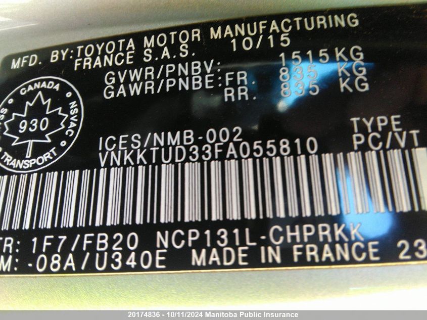 2015 Toyota Yaris Le VIN: VNKKTUD33FA055810 Lot: 20174836