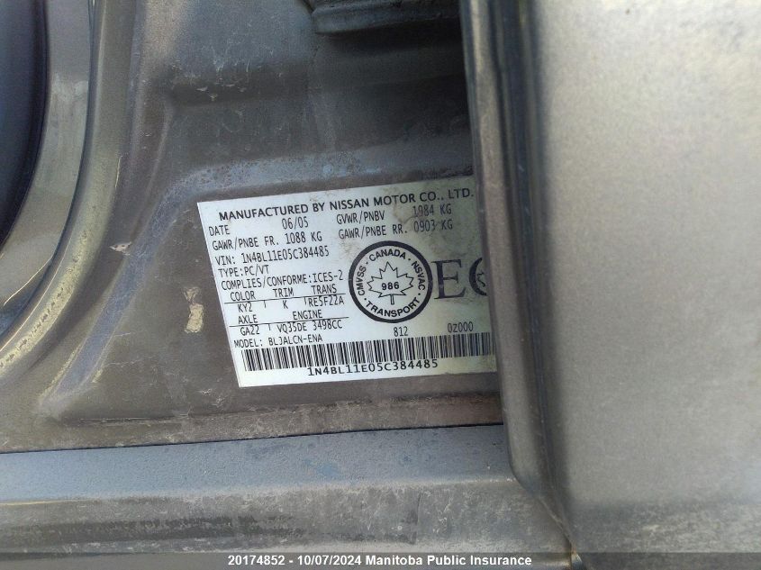 1N4BL11E05C384485 2005 Nissan Altima 3.5 Se