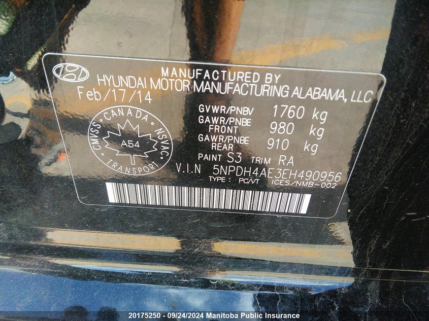 2014 Hyundai Elantra Gl VIN: 5NPDH4AE3EH490956 Lot: 20175250