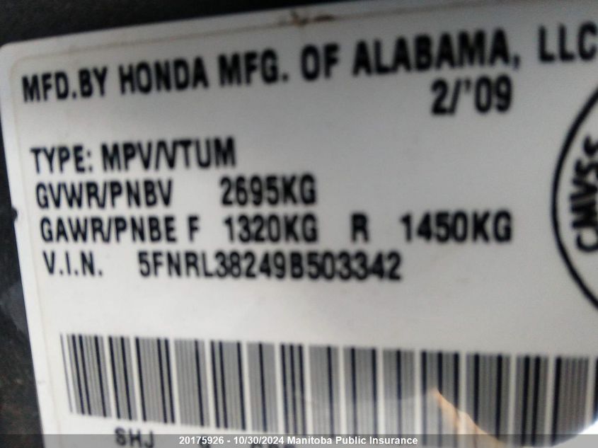 2009 Honda Odyssey Lx VIN: 5FNRL38249B503342 Lot: 20175926