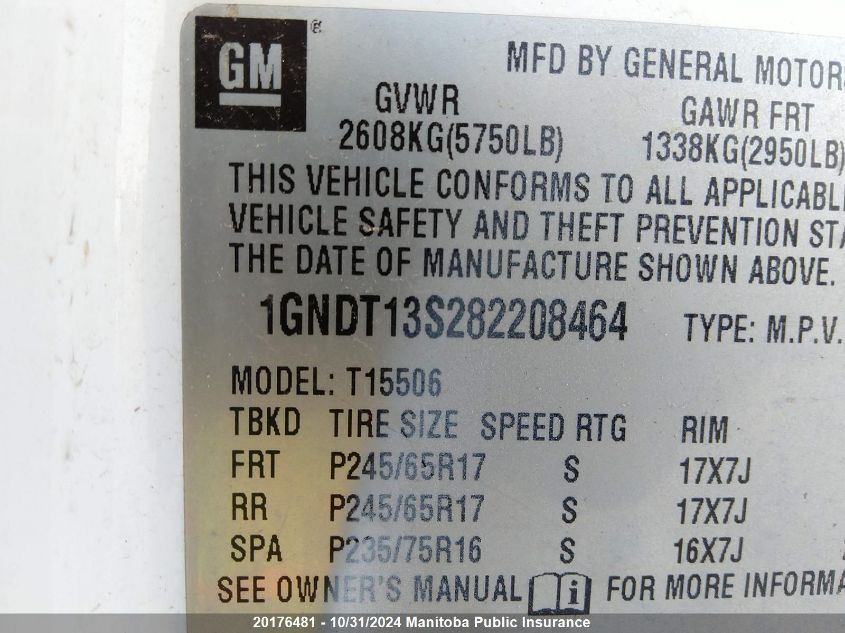 2008 Chevrolet Trailblazer Ls VIN: 1GNDT13S282208464 Lot: 20176481