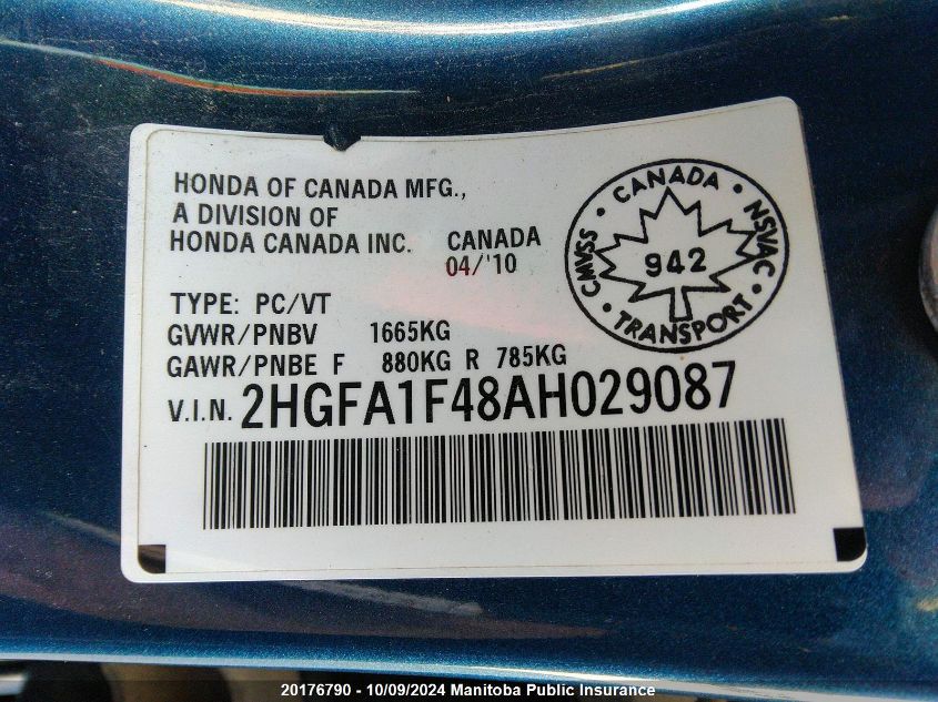 2HGFA1F48AH029087 2010 Honda Civic Dx