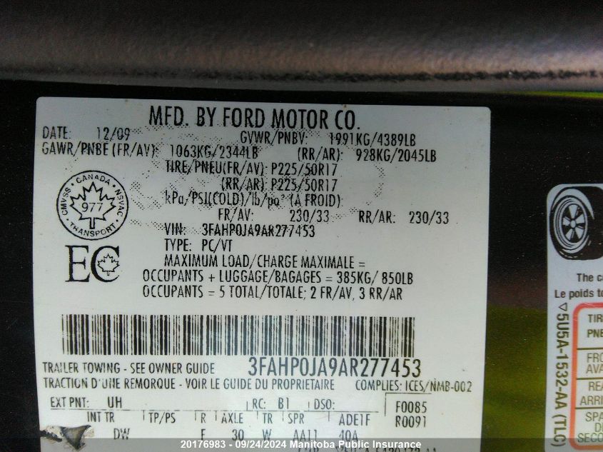 3FAHP0JA9AR277453 2010 Ford Fusion Sel