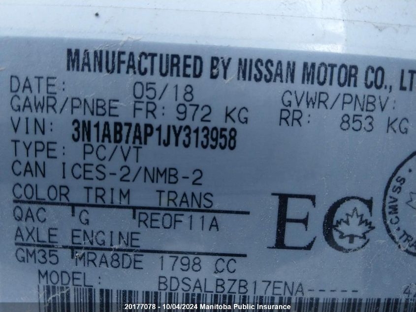 3N1AB7AP1JY313958 2018 Nissan Sentra 1.8 S