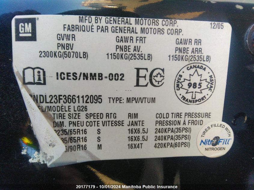 2CNDL23F366112095 2006 Chevrolet Equinox Ls V6