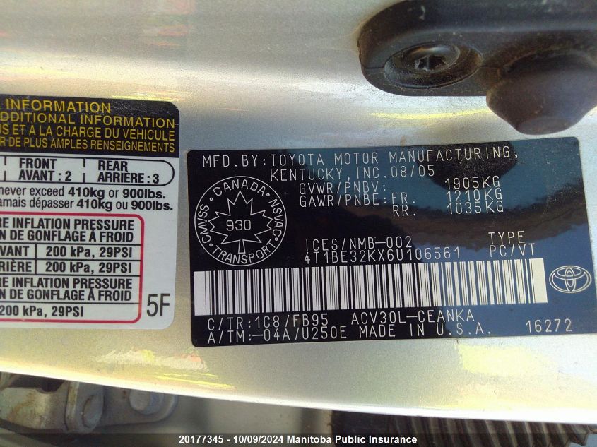 4T1BE32KX6U106561 2006 Toyota Camry Le