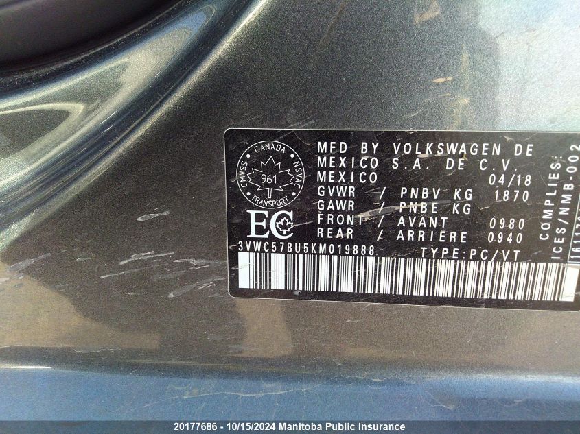 2019 Volkswagen Jetta 1.4 Tsi VIN: 3VWC57BU5KM019888 Lot: 20177686