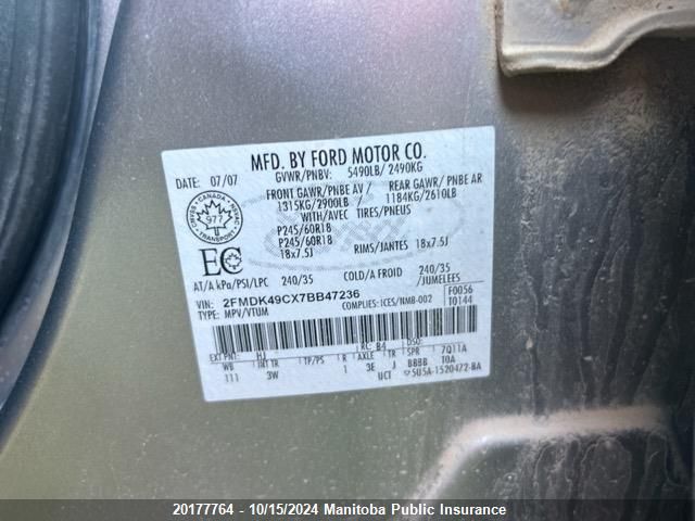 2007 Ford Edge Sel VIN: 2FMDK49CX7BB47236 Lot: 20177764