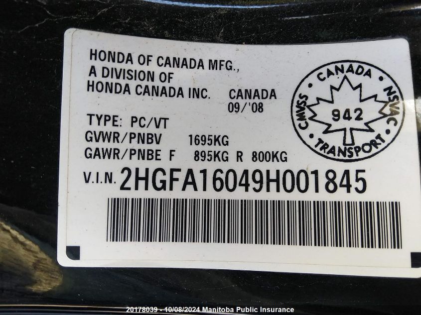 2HGFA16049H001845 2009 Honda Civic Ex-L