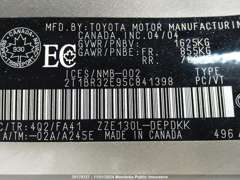 2005 Toyota Corolla Ce/Le/S VIN: 2T1BR32E95C841398 Lot: 20178127