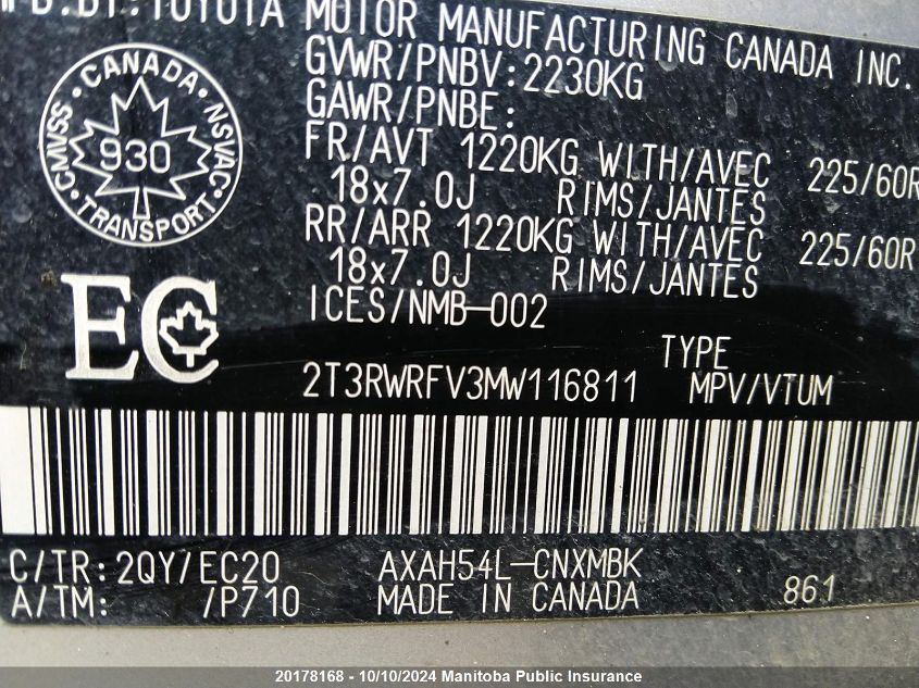 2T3RWRFV3MW116811 2021 Toyota Rav4 Xle