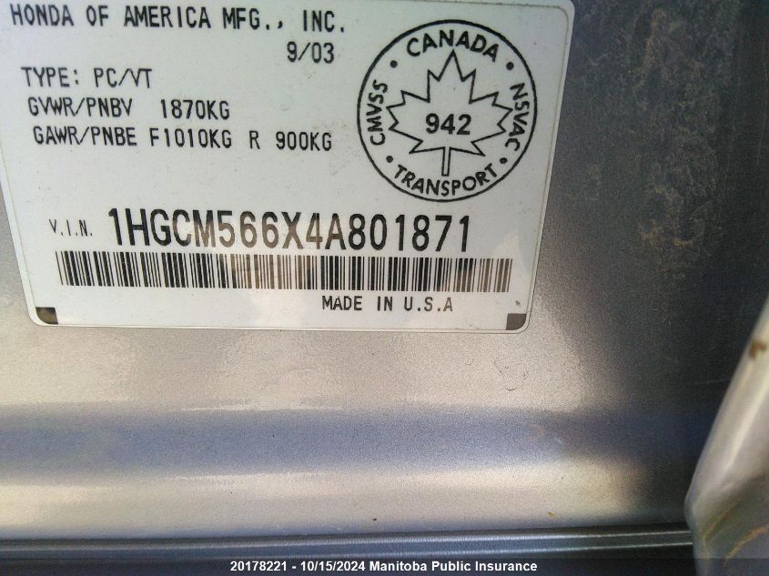 2004 Honda Accord Ex VIN: 1HGCM566X4A801871 Lot: 20178221