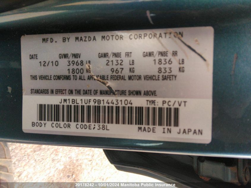 JM1BL1UF9B1443104 2011 Mazda 3 I