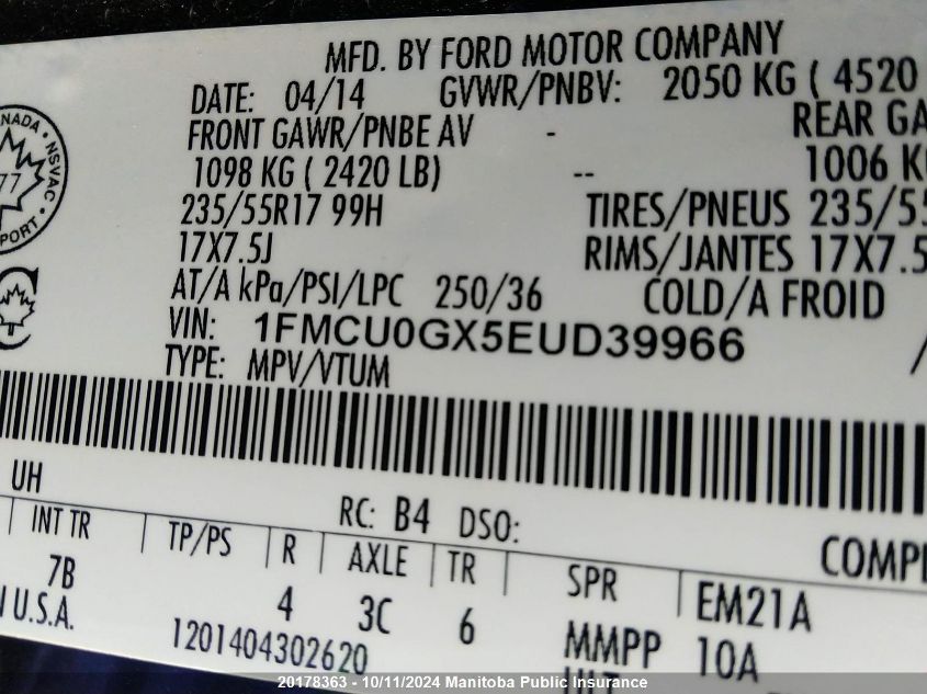 1FMCU0GX5EUD39966 2014 Ford Escape Se