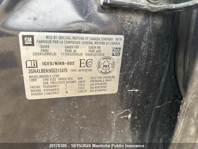 2016 Chevrolet Equinox Ls VIN: 2GNALBEK9G6313476 Lot: 20178380