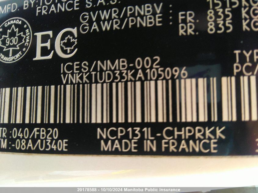 2019 Toyota Yaris Le VIN: VNKKTUD33KA105096 Lot: 20178588