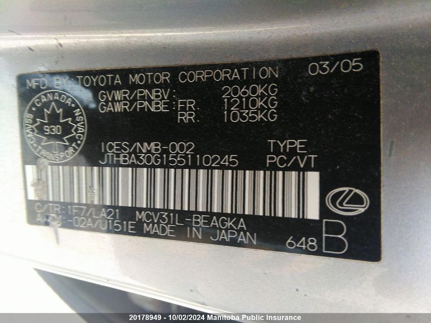 JTHBA30G155110245 2005 Lexus Es 330