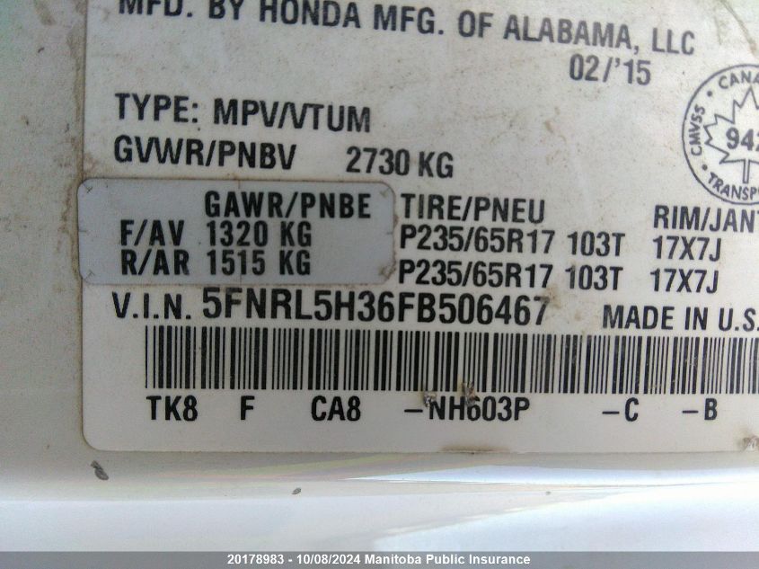 5FNRL5H36FB506467 2015 Honda Odyssey Se