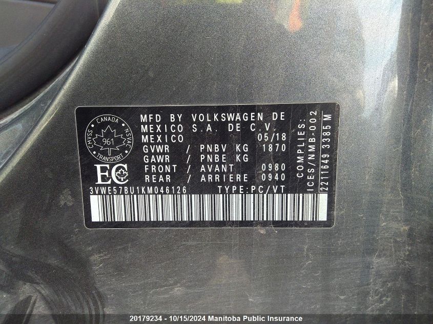 2019 Volkswagen Jetta 1.4 Tsi VIN: 3VWE57BU1KM046126 Lot: 20179234