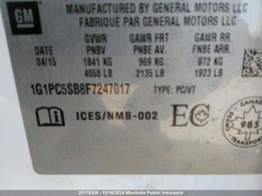 2015 Chevrolet Cruze Lt Turbo VIN: 1G1PC5SB8F7247017 Lot: 20179304