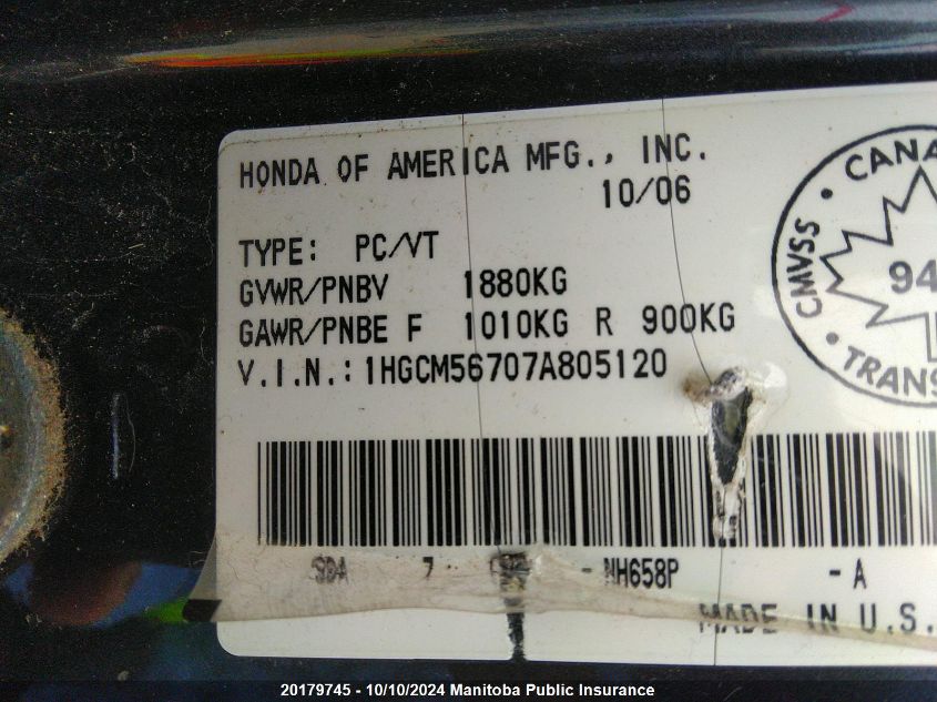 1HGCM56707A805120 2007 Honda Accord Ex-L