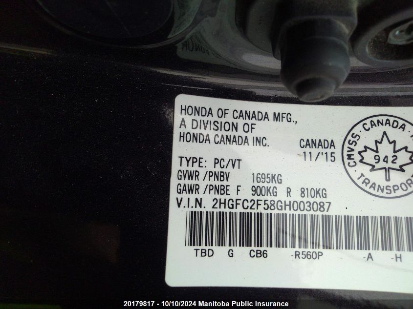 2HGFC2F58GH003087 2016 Honda Civic Lx