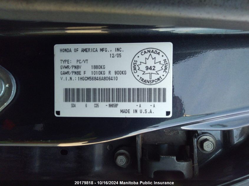 2006 Honda Accord Ex-L VIN: 1HGCM56846A806410 Lot: 20179818