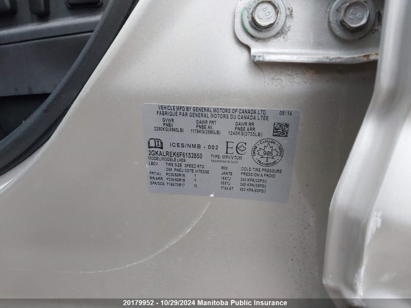 2015 GMC Terrain Sle VIN: 2GKALREK6F6152850 Lot: 20179952