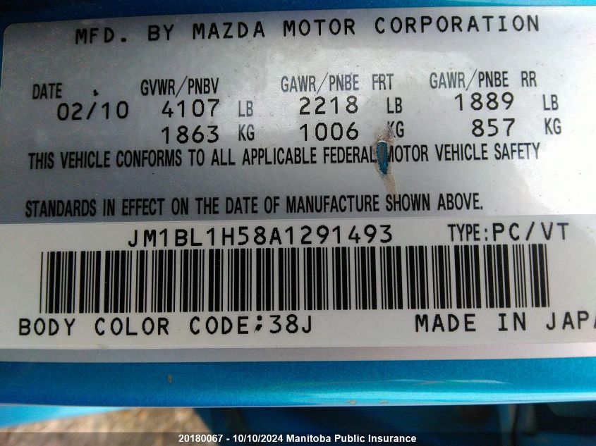 JM1BL1H58A1291493 2010 Mazda Mazda3 Sport Gs