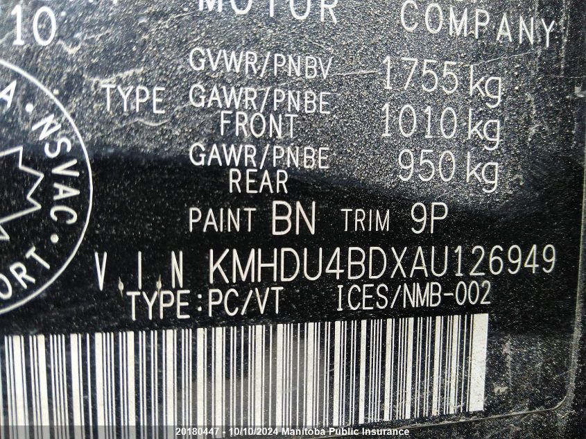 KMHDU4BDXAU126949 2010 Hyundai Elantra Gl