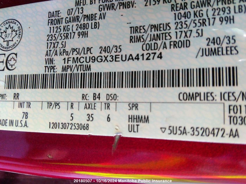 2014 Ford Escape Se VIN: 1FMCU9GX3EUA41274 Lot: 20180507